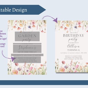 May include: Two invitation designs with floral illustrations. One reads "Garden Party" and "Stephanie's 18th Birthday." The other says "Birthday Party" and "Allison Turning 6." Both have editable text and font color options.