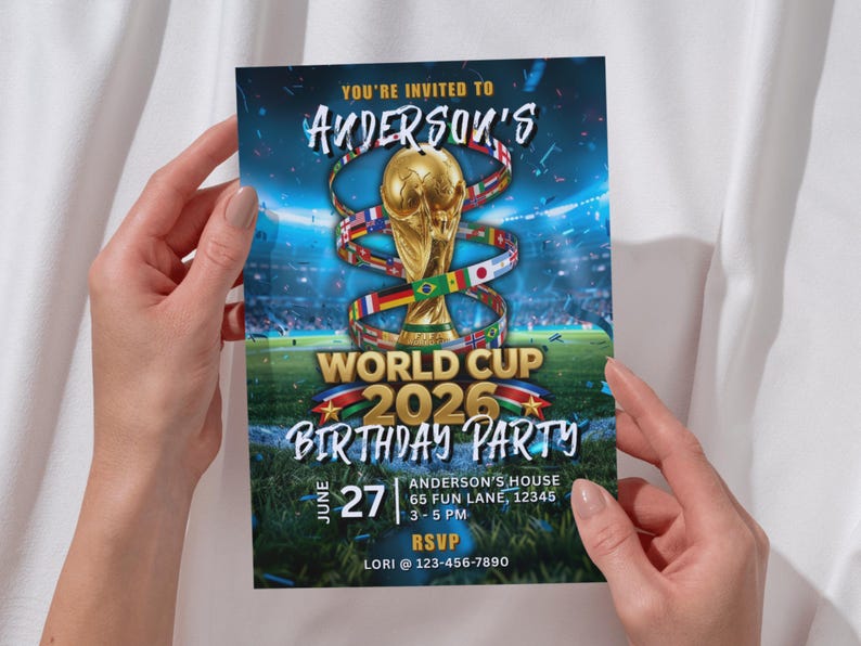 Invitación de cumpleaños con motivo del Mundial / Invitación electrónica para fiesta de fútbol (Plantilla de Canva, descarga instantánea) imagen 7