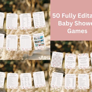 K&ouml;nnte beinhalten: Eine Pr&auml;sentation von druckbaren Babyparty-Spielen, jeweils mit floralem Rand. Die Spiele sind an einer Schnur aufgereiht, mit Titeln wie "Bridal Shower Bingo" und "Guess the Baby Food". Der Text "50 vollst&auml;ndig bearbeitbare Babyparty-Spiele" ist ebenfalls sichtbar.