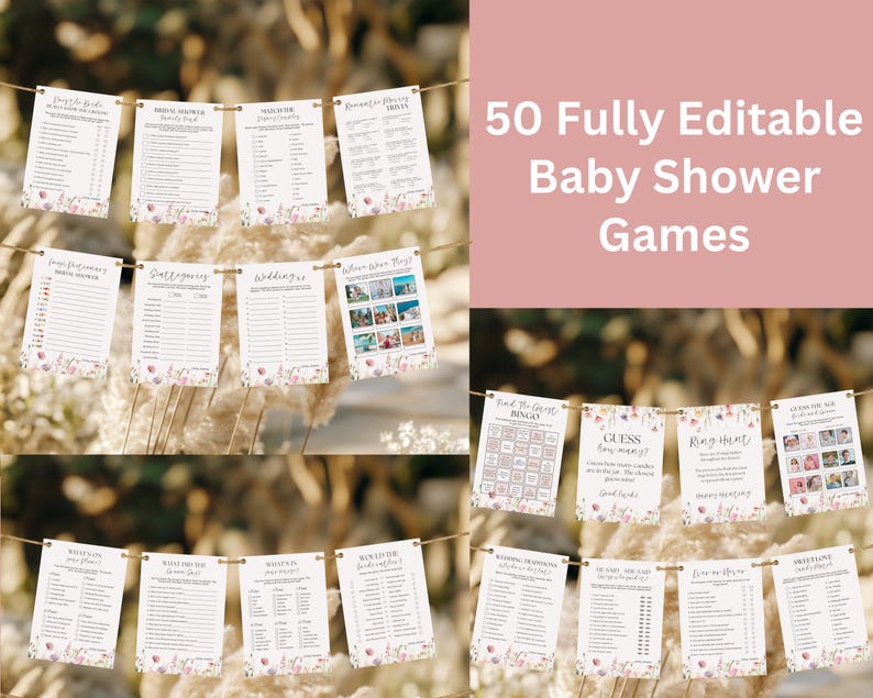 K&ouml;nnte beinhalten: Eine Pr&auml;sentation von druckbaren Babyparty-Spielen, jeweils mit floralem Rand. Die Spiele sind an einer Schnur aufgereiht, mit Titeln wie "Bridal Shower Bingo" und "Guess the Baby Food". Der Text "50 vollst&auml;ndig bearbeitbare Babyparty-Spiele" ist ebenfalls sichtbar.