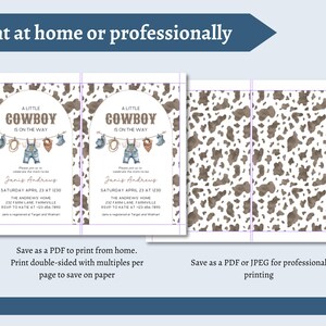 May include: A printable invitation design for a baby shower with a cowboy theme. The design features the text "A Little Cowboy is on the Way" with illustrations of cowboy boots, a rope, and overalls. The invitation is available to print at home or professionally.