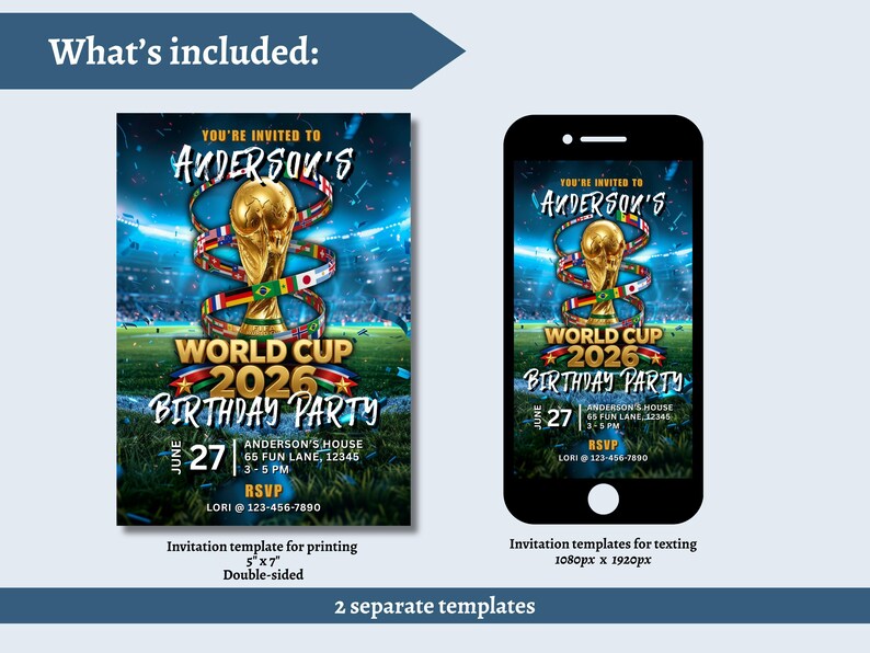 Invitación de cumpleaños con motivo del Mundial / Invitación electrónica para fiesta de fútbol (Plantilla de Canva, descarga instantánea) imagen 3