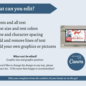 May include: A light blue graphic with text detailing editable template features: fonts, text size, spacing, and graphics. A computer screen displays a retro invitation design. The Canva logo is also visible.