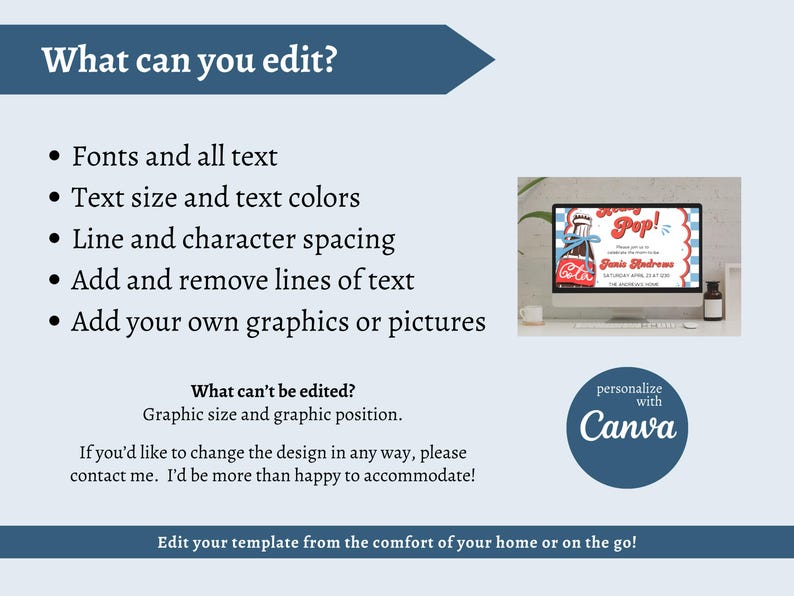 May include: A light blue graphic with text detailing editable template features: fonts, text size, spacing, and graphics. A computer screen displays a retro invitation design. The Canva logo is also visible.