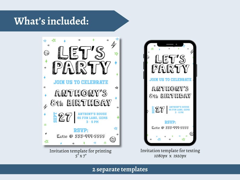 Plantilla de invitación de cumpleaños para niño: Blanco y negro (Descarga digital) imagen 3