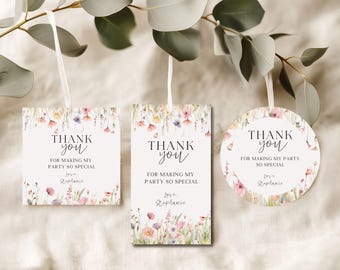 Etichette modificabili di ringraziamento con fiori di campo: etichette per bomboniere per feste in giardino (download immediato)