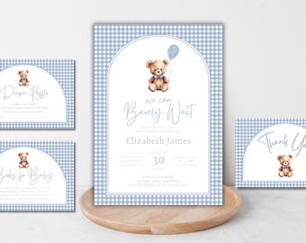 Teddy Bear Baby Shower Invitation Bundle: Blue Gingham (Digital)