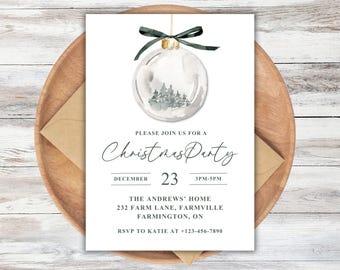 Elegante kerstfeestuitnodiging met aquarel kerstbal, bewerkbare Canva-sjabloon (digitale download)