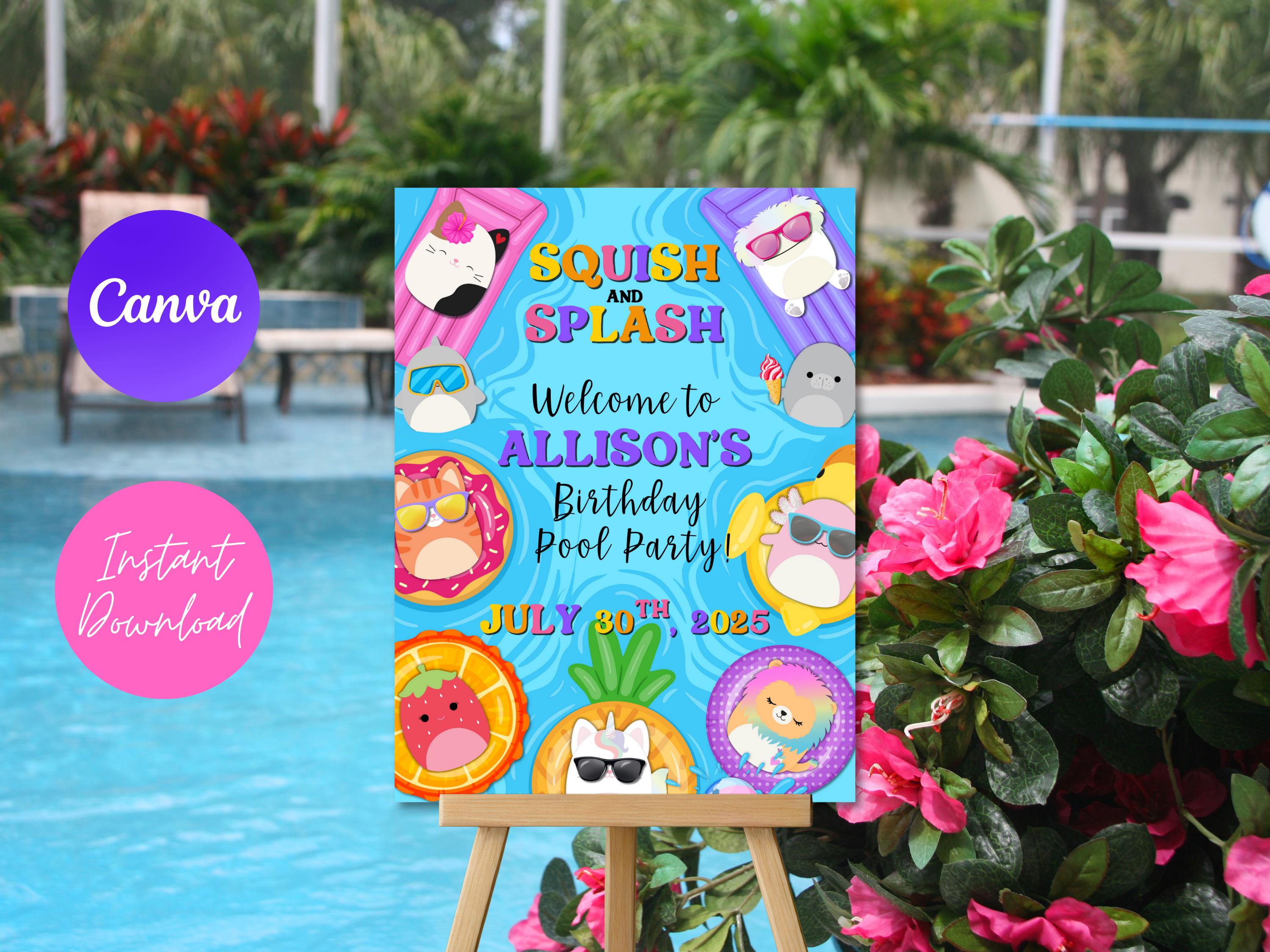 Squishmallow Pool Party Welcome Sign: Editable Birthday Template ...