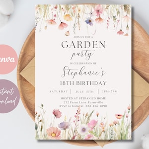 Wildflower Garden Birthday Invitation: Editable Floral Canva Template (Digital Download
