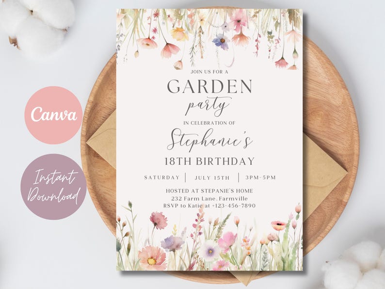 May include: A garden party invitation with floral watercolor illustrations. The invitation includes the text "Join us for a Garden Party in Celebration of Stephanie's 18th Birthday" with date, time, and RSVP information.