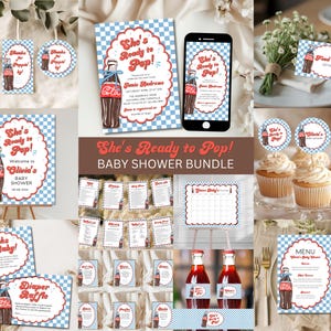 以下が含まれることがあります： ヴィンテージソーダをテーマにしたベビーシャワーバンドル。招待状、カップケーキトッパー、フードカード、その他のパーティー用品が含まれています。デザインは、青いリボンが付いた茶色のソーダボトルと、青と白のチェック柄の背景に「She's Ready to Pop！」というテキストが特徴です。