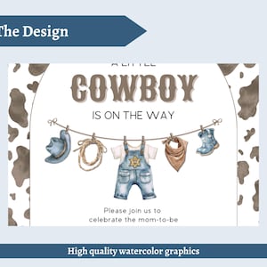 May include: Watercolor illustration for a baby shower invitation. The design features a cowboy theme with a hat, rope, overalls, bandana, and boots hanging on a clothesline. The text reads "A Little Cowboy is on the Way."