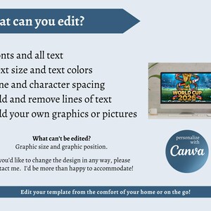 Puede incluir: Un gr&aacute;fico informativo con fondo azul claro que detalla las capacidades de edici&oacute;n de una plantilla. Enumera funciones editables como fuentes, tama&ntilde;o de texto y gr&aacute;ficos, e incluye una imagen de un monitor mostrando World Cup 2026.