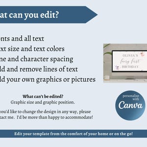 May include: A digital template design with the text "What can you edit?" and a list of editable features. The image includes a computer screen displaying a birthday invitation, and a Canva logo, indicating customization options.