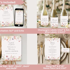 K&ouml;nnte beinhalten: Eine Sammlung von Hochzeits-Papeterie mit floralem Design. Enth&auml;lt Einladungen, ein Willkommensschild, Champagner- und Weinetiketten, eine Men&uuml;karte und Namenskarten. Der Text "Love in Bloom" ist auf mehreren Artikeln zu sehen. Die Farbpalette umfasst Rosa, Wei&szlig; und Gr&uuml;n.