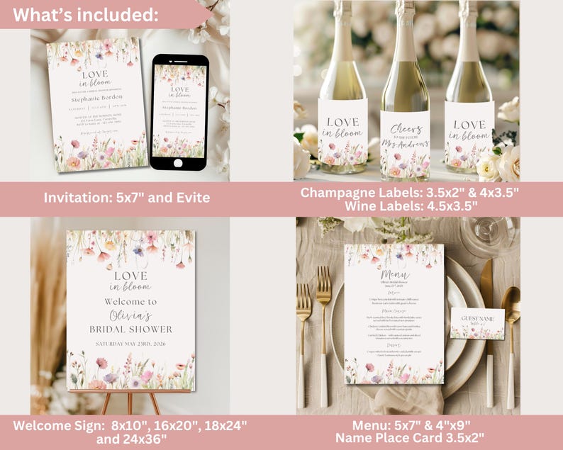 K&ouml;nnte beinhalten: Eine Sammlung von Hochzeits-Papeterie mit floralem Design. Enth&auml;lt Einladungen, ein Willkommensschild, Champagner- und Weinetiketten, eine Men&uuml;karte und Namenskarten. Der Text "Love in Bloom" ist auf mehreren Artikeln zu sehen. Die Farbpalette umfasst Rosa, Wei&szlig; und Gr&uuml;n.