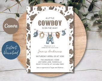 May include: A baby shower invitation with a cowboy theme. The invitation features the text "A Little Cowboy Is On The Way" and includes illustrations of cowboy-themed items. The invitation also includes the event details and the name Janis Andrews.