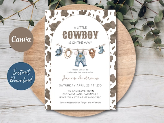 Cowboy Baby Shower Invitation: Western Clothesline Design (Canva Template)