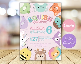 Puede incluir: Una tarjeta de invitación de cumpleaños con fondo rosa claro y varios personajes de peluche coloridos. El texto dice: SQUISH ON OVER, ALLISON IS TURNING 6, SEPT 27, BRENNA'S HOUSE 65 FUN LANE, 12345 3-5 PM, RSVP TO LORI 123-456-7890 PLEASE BRING YOUR FAVORITE STUFFIE!