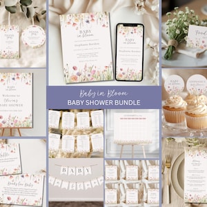May include: A collection of baby shower stationery with a floral design. Includes invitations, thank you tags, cupcake toppers, and a banner. The text "Baby in Bloom" is featured on several items.