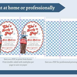 May include: Invitation design with a vintage soda bottle illustration. The text reads "She's Ready to Pop!" with event details. The design includes a blue and white checkered background and text that says "Print at home or professionally."