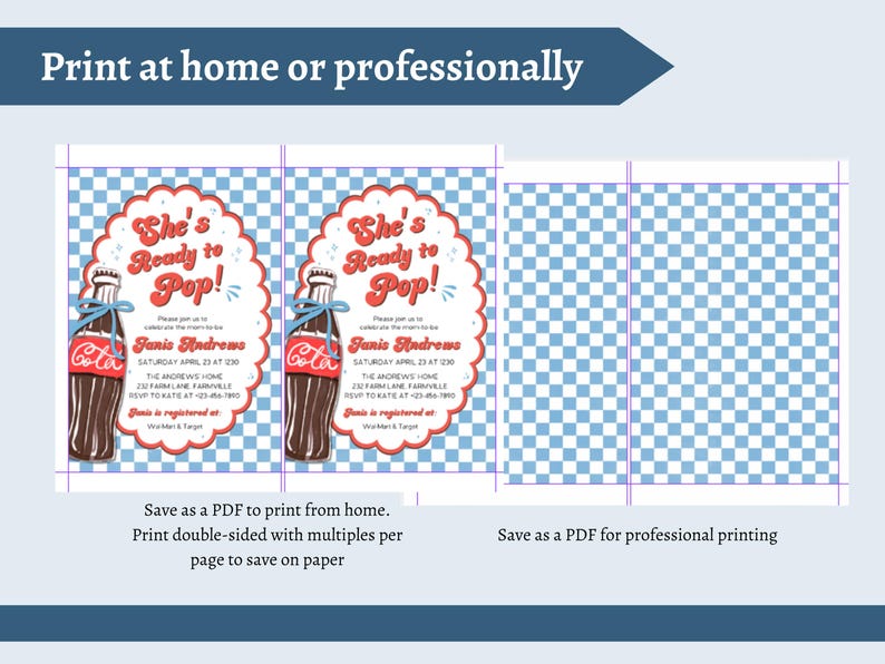 May include: Invitation design with a vintage soda bottle illustration. The text reads "She's Ready to Pop!" with event details. The design includes a blue and white checkered background and text that says "Print at home or professionally."