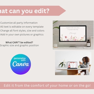 K&ouml;nnte beinhalten: Werbebild mit dem Text "What can you edit?" und "Edit it from the comfort of your home or on the go!" Das Bild enth&auml;lt einen Computerbildschirm mit floralem Design und dem Canva-Logo.
