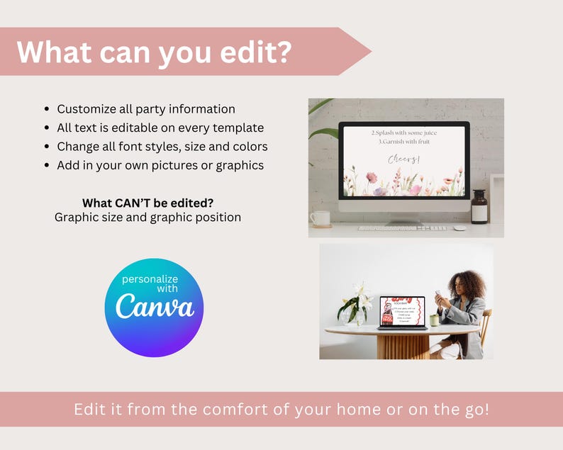 K&ouml;nnte beinhalten: Werbebild mit dem Text "What can you edit?" und "Edit it from the comfort of your home or on the go!" Das Bild enth&auml;lt einen Computerbildschirm mit floralem Design und dem Canva-Logo.