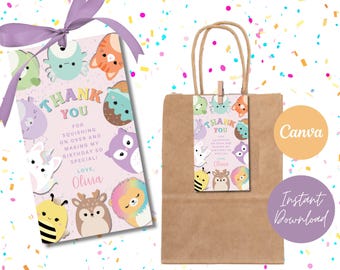 Editable Squishmallow Thank you Tags, Squishy Favor Gift Tags Labels, Printable Squish Gift Favor Tags, Favor Bag Thank you Labels