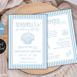 Seashells & Wedding Bells Bachelorette Invitation and Itinerary Template (Coastal Canva Evite)