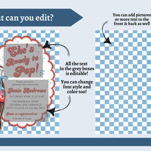 May include: A baby shower invitation with a retro design. The invitation features a brown soda bottle with a blue bow, and the text "She's Ready to Pop!" The invitation includes details for the event, such as the date, time, location, and RSVP information.
