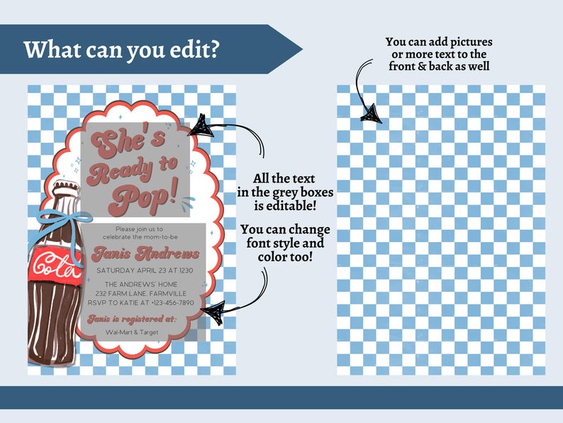 May include: A baby shower invitation with a retro design. The invitation features a brown soda bottle with a blue bow, and the text "She's Ready to Pop!" The invitation includes details for the event, such as the date, time, location, and RSVP information.