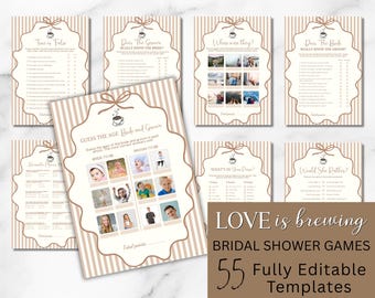 Liebe braut sich zusammen: Spielepaket für den Junggesellinnenabschied zum Thema Kaffee – bearbeitbare Canva-Vorlagen
