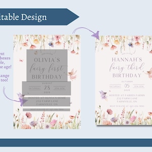 May include: Two invitation designs with floral and fairy illustrations. The left invitation reads "Olivia's fairy first birthday" with event details. The right invitation reads "Hannah's fairy third birthday" with event details. The design is editable.