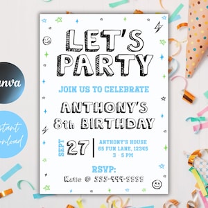 Modello di invito per la festa di compleanno di Let's Party Boy: bianco e nero (download digitale)