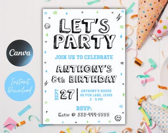 Let's Party Boy Birthday Invitation Template: Black and White (Digital Download)