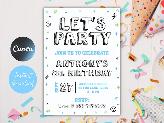 Let's Party Boy Birthday Invitation Template: Black and White (Digital Download)