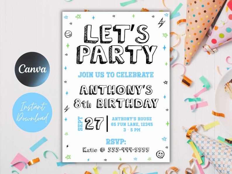 Plantilla de invitación de cumpleaños para niño: Blanco y negro (Descarga digital) imagen 1