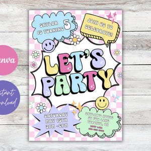 Invitación con letras de parches preppy editables digitales / Invitación de cumpleaños con parches universitarios retro / Invitación editable con cara sonriente para "Let's Party"