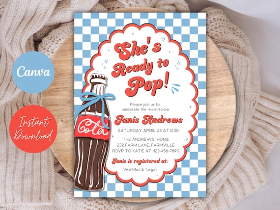 Retro Soda Baby Shower Invitation | Blue, She's Ready to Pop (Editable Canva Template)