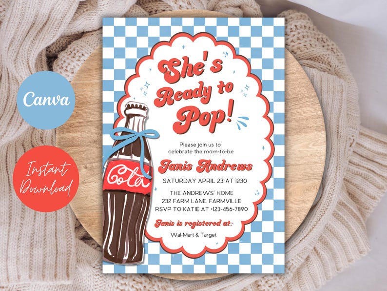 May include: A baby shower invitation with a retro design. The invitation features a brown soda bottle with a blue bow, the text "She's Ready to Pop!", and event details. The background has a blue and white checkered pattern.