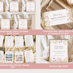 K&ouml;nnte beinhalten: Eine Sammlung druckbarer Babyparty-Dekorationen, darunter Tischschilder, Spiele und ein Schokoriegel-Etikett. Die Schilder weisen florale Designs und Text auf. Die Spiele sind 12,7 cm x 17,8 cm gro&szlig;, und das individuelle Schild ist 20,3 cm x 25,4 cm.