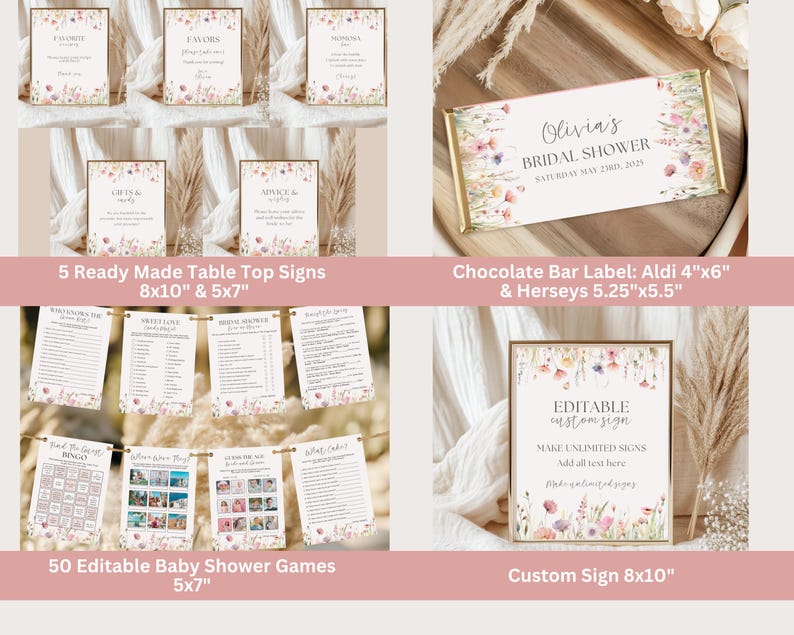 K&ouml;nnte beinhalten: Eine Sammlung druckbarer Babyparty-Dekorationen, darunter Tischschilder, Spiele und ein Schokoriegel-Etikett. Die Schilder weisen florale Designs und Text auf. Die Spiele sind 12,7 cm x 17,8 cm gro&szlig;, und das individuelle Schild ist 20,3 cm x 25,4 cm.