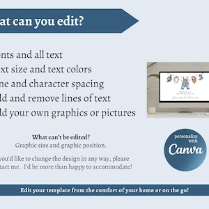 May include: A light blue graphic with text detailing editable features of a template, including fonts, text size, and graphics. A computer monitor displays a baby-themed design. The Canva logo is also visible.