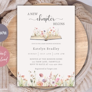 May include: A baby shower invitation with the text "A New Chapter Begins." The invitation features an open book illustration with floral accents. The invitation includes the name Katelyn Bradley, date, time, and location.