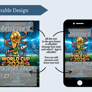 Puede incluir: Un dise&ntilde;o de invitaci&oacute;n digital editable que presenta un trofeo dorado rodeado de banderas internacionales sobre un campo de f&uacute;tbol. El texto incluye "YOU'RE INVITED TO ANDERSON'S", "WORLD CUP 2026 BIRTHDAY PARTY", "JUNE 27" y "ANDERSON'S HOUSE".