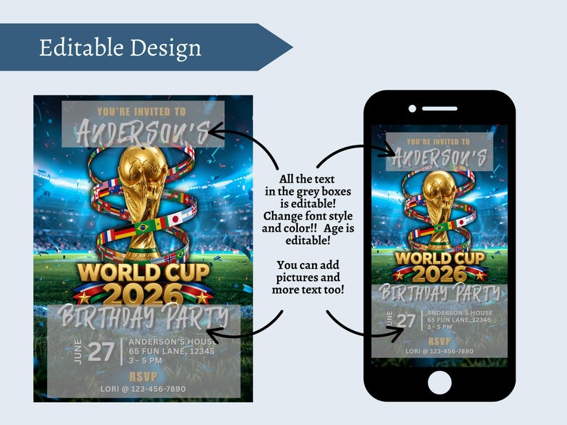 Puede incluir: Un dise&ntilde;o de invitaci&oacute;n digital editable que presenta un trofeo dorado rodeado de banderas internacionales sobre un campo de f&uacute;tbol. El texto incluye "YOU'RE INVITED TO ANDERSON'S", "WORLD CUP 2026 BIRTHDAY PARTY", "JUNE 27" y "ANDERSON'S HOUSE".
