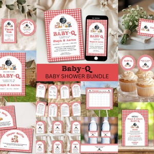May include: A Baby-Q themed baby shower stationery bundle featuring a red and white gingham pattern, barbecue grill illustrations, and text including Baby-Q, Steph & Aaron, and various event details like menu, diaper raffle, and food cards.