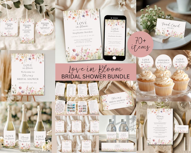 K&ouml;nnte beinhalten: Eine Sammlung von Papeterie f&uuml;r eine Brautparty mit floralem Thema. Enth&auml;lt Einladungen, Dankeskarten, Men&uuml;karten und Cupcake-Topper. Der Text "Love in Bloom" ist auf mehreren Artikeln zu sehen, zusammen mit dem Satz "Bridal Shower Bundle".